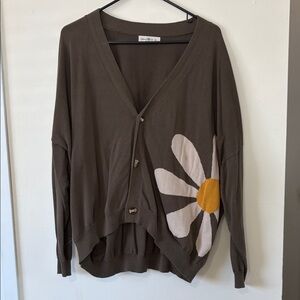 NATURAL LIFE Brown Cardigan with Floral Accent